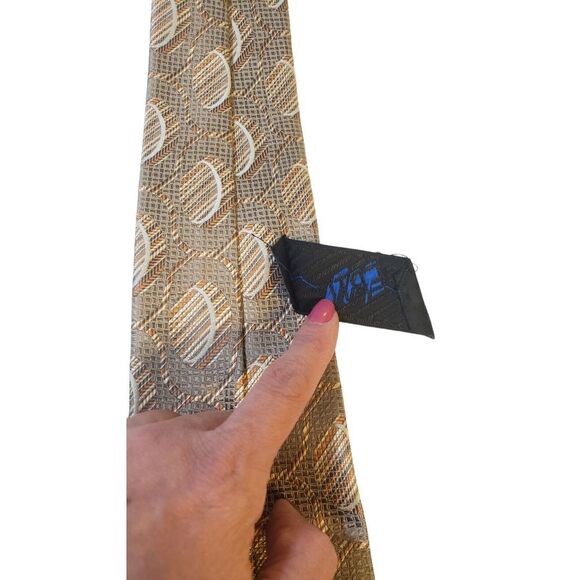 Philippe Ertu Mens Neck Tie 100% Silk Tan Gold Abstract Japan Designer Wedding - Picture 6 of 13